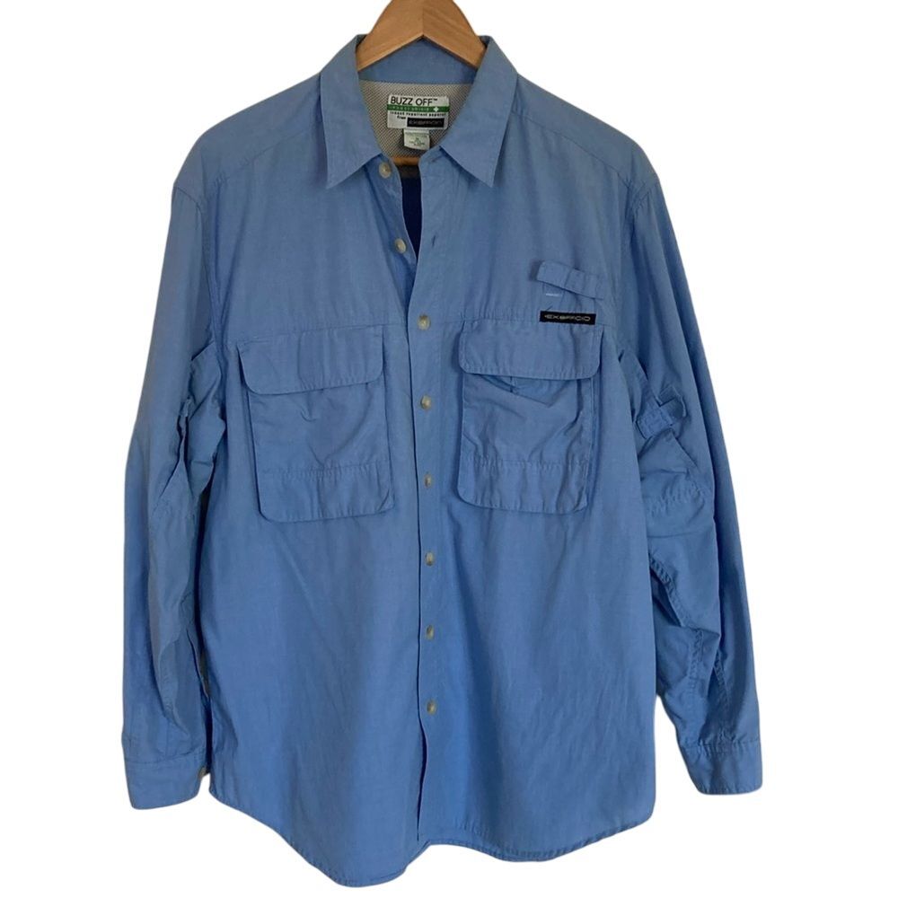 ExOfficio Mens Buzz Off Insect Shield Button Up Shirt M‎ Blue Long Sleeve Vented